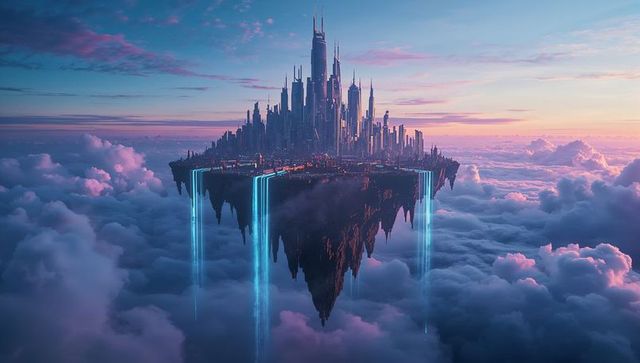 Futuristic city floating above clouds at dawn