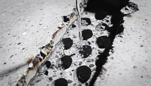 Narrow Water Stream Pouring Into Cracked Concrete Crevice Revealing Aggregate Rust