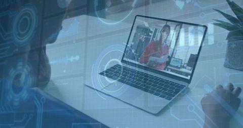 Remote collaboration watching virtual presenter on laptop with futuristic HUD overlays