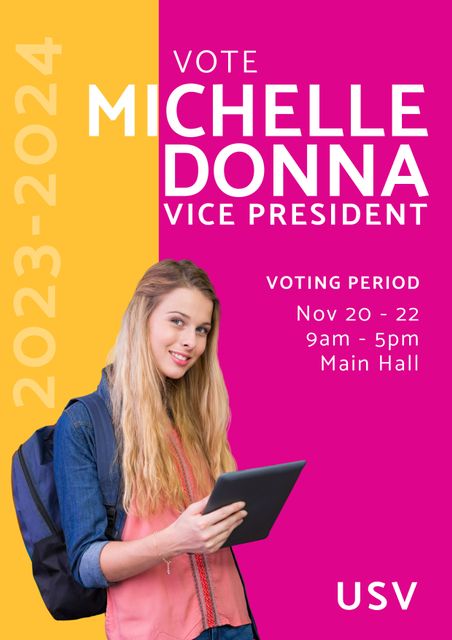 Caucasian female student holding digital tablet encourages peers to vote in university election. Effective for promoting student government campaigns, campus events, and election period activities. Suitable for university newsletters, social media, and campus bulletin boards.