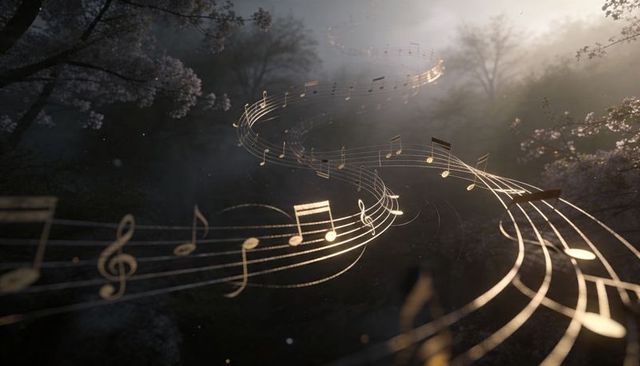 Golden musical staff floating through misty dawn park, glowing treble clefs and notes