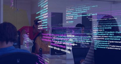 Team coding session with holographic code reflections on glass in modern startup workspace