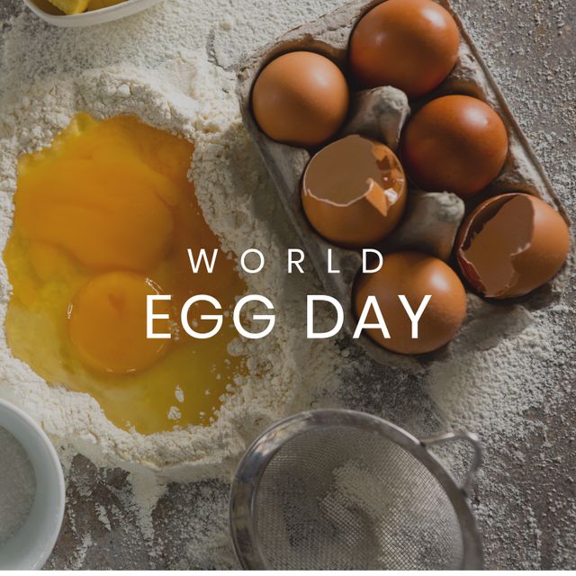 Composite of brown eggs in carton and flour with egg yolks on kitchen counter and world egg day text. Preparation, eggshell, fresh, egg, food, nutrition, healthy, awareness and celebration concept.