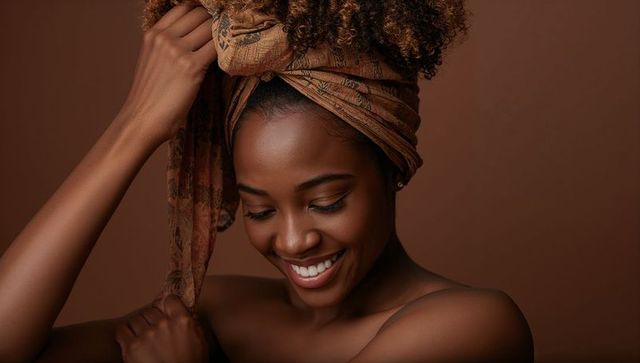 Smiling black woman adjusting patterned headscarf, natural curls, warm skin tone portrait