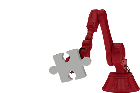 Robotic arm holding puzzle piece on clear transparent background