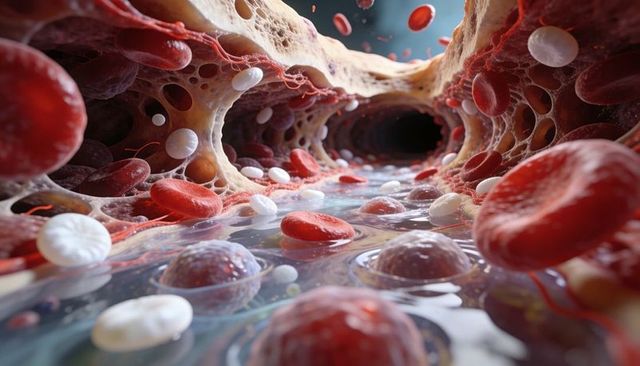 Flowing red blood cells and leukocytes in microvessel lumen with platelets and fibrin