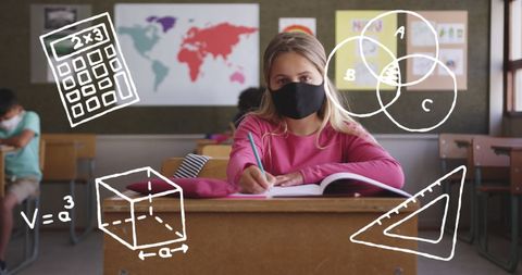 Creative learning concept with school girl wearing face mask