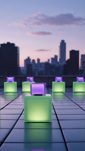 Pullback Revealing Glowing Cubes on Rooftop at Dusk with City Skyline | Futuristic Vertical Video