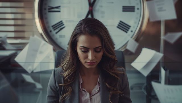 Focused businesswoman reviewing documents with floating papers