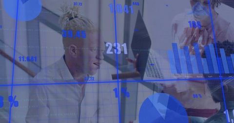 Team collaborating on laptop with animated analytics overlay for data review and strategy