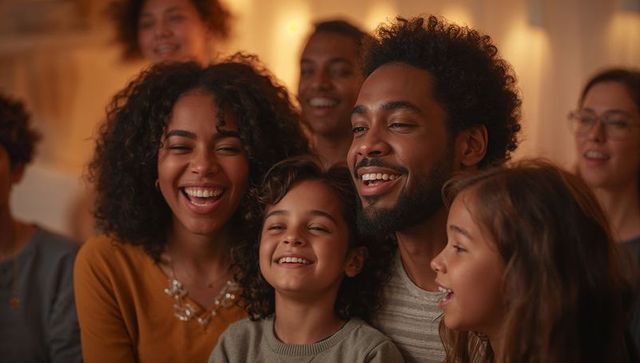 Multigenerational family laughing, smiling together in cozy living room with warm lighting