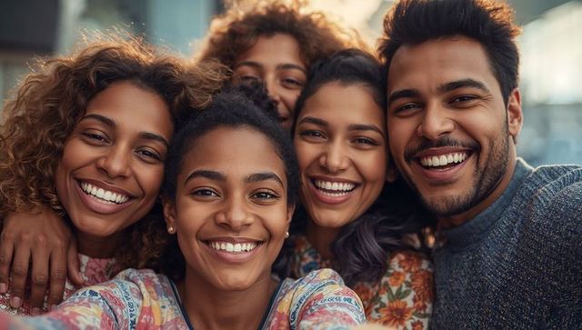 Diverse Group Bonding Smiling for Urban Candid Selfie Outdoors