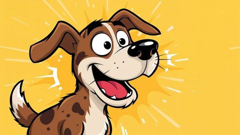 Energetic cartoon dog in yellow burst background