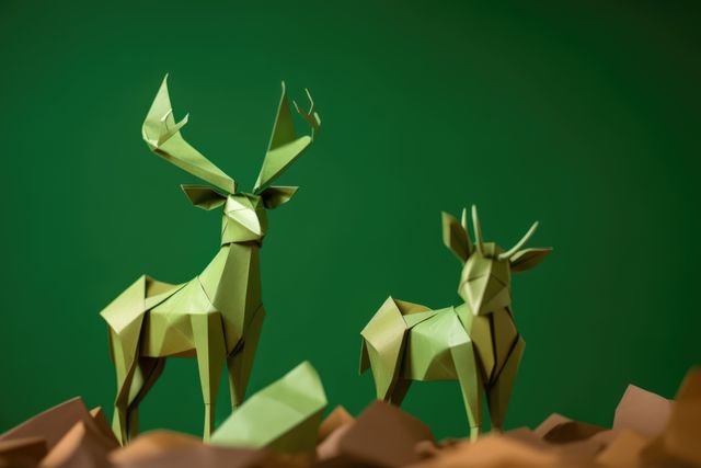 Close up of green origami figures of two elks, created using generative ai technology. Origami, art and japanese tradition concept digitally generated image.