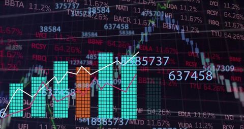 Rising data bars and trend lines visualizing stock market growth on digital trading dashboard