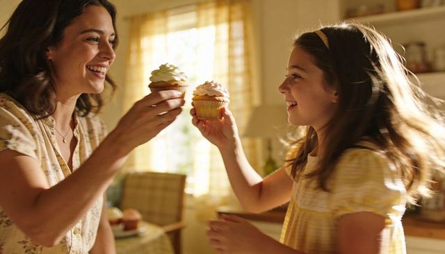 Mother and Daughter Clinking Frosted Cupcakes, Joyful Bonding Moment in Sunlit Kitchen