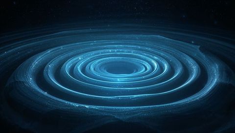 Turquoise Neon Vortex Spiraling Concentric Rings with Particle Trails in Cosmic Void