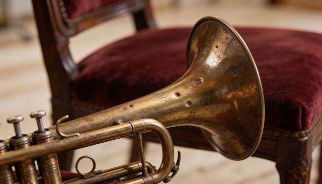 Vintage brass trumpet with dented bell and patina resting on burgundy velvet chair