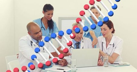 Diverse Medical Team Discussing Genetics with DNA Strand Interface