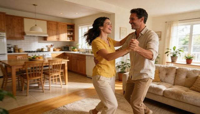 Joyful middle-aged couple dancing in sunlit cozy living room and kitchen, warm lifestyle