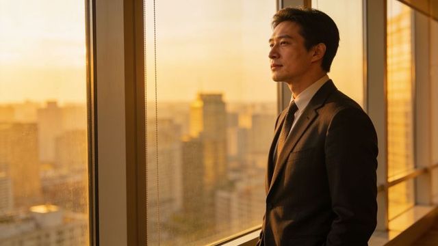 Asian executive gazing over city skyline at golden hour from high-rise office window