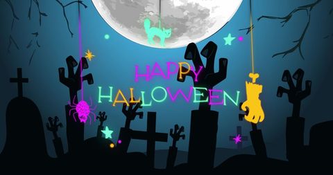 Colorful Halloween Celebration Text Over Spooky Cemetery