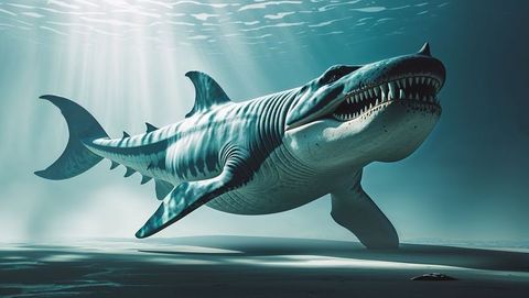 Serene solitary megalodon shark gliding above sandy seabed