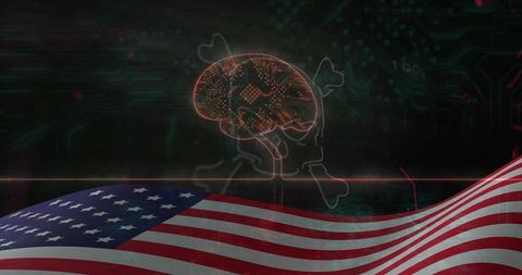 Waving american flag with pulsing microchip brain over dark circuit board