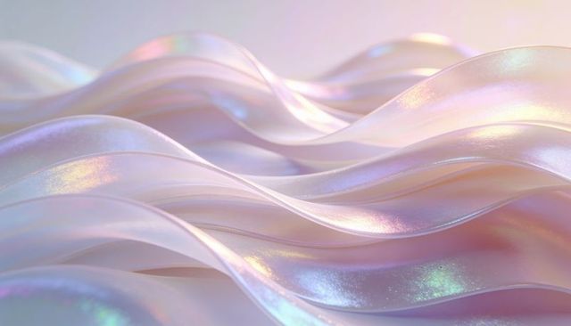 Iridescent pearlescent satin waves with opalescent ribbons and soft pastel gloss