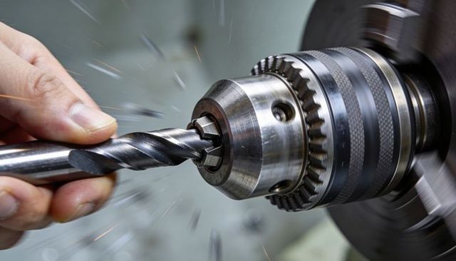 Hand aligning twist drill bit into rotating metal drill chuck with sparks and motion