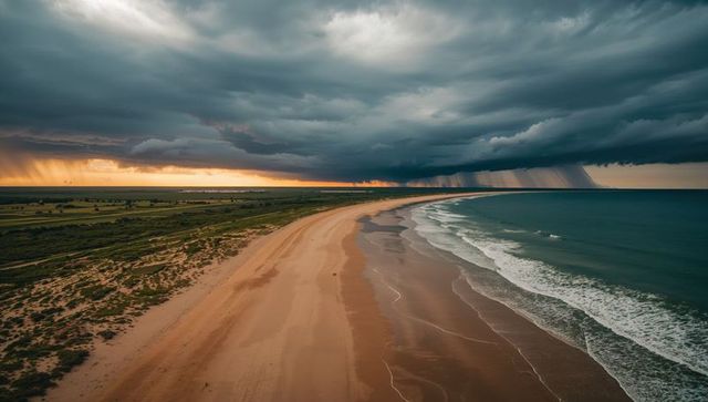 Stormfront approaching curving sandy coastline, dramatic clouds and rain curtain