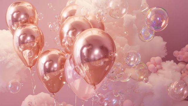 Floating metallic rose-gold balloons with iridescent bubbles in dreamy pastel cloud scene