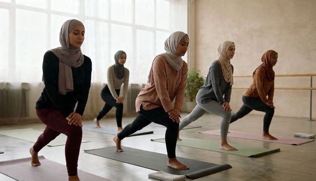 Women wearing headscarves practicing yoga lunges in sunlit studio for inclusive fitness