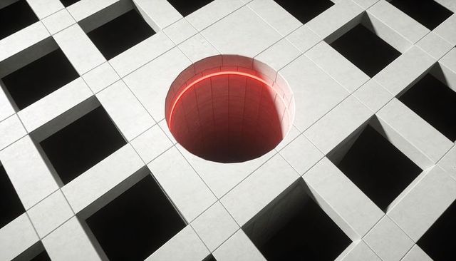 Tiled concrete grid featuring glowing red circular opening creating bold geometric depth