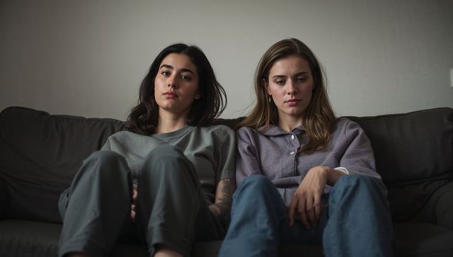 Two women sitting on sofa looking pensive and close, intimate minimalist living room quiet