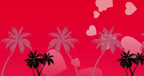 Romantic Red Background with Palm Trees and Heart Shapes