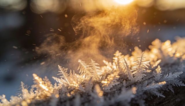 Golden sunrise illuminating hoarfrost crystals on frosted log with rising vapor