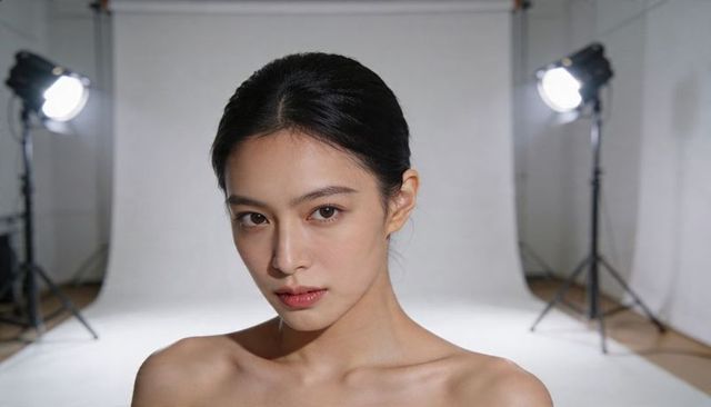 Studio portrait of asian model posing bare shoulders with professional lighting and backdrop