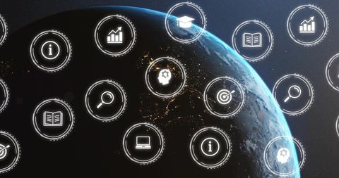 Global Data Visualization Over Satellite Earth Night Globe with Holographic HUD Icons