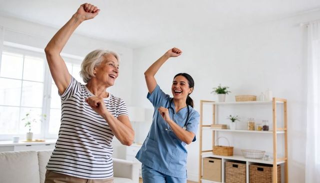 Senior woman and healthcare worker dancing at home celebrating mobility and joy