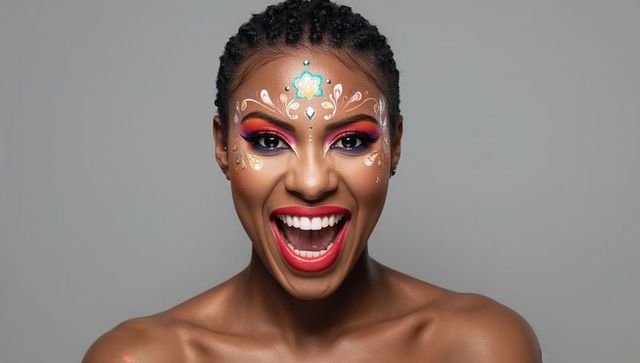 Smiling black woman wearing vibrant festival face paint with turquoise gem and braids