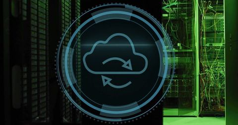 Holographic Cloud Sync Icon in Data Center with Servers