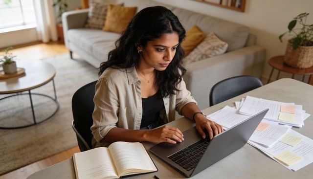 Focused remote worker typing on laptop at home desk with notebook, documents, natural light, plants