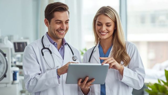 Doctors Collaborating in Clinic Office on Digital Tablet