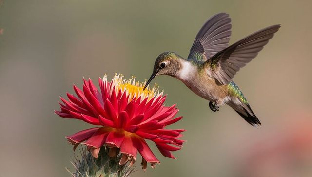 Hovering hummingbird feeding at vibrant red bloom with yellow center