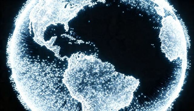 Glowing digital earth projecting radial data beams with luminous network nodes