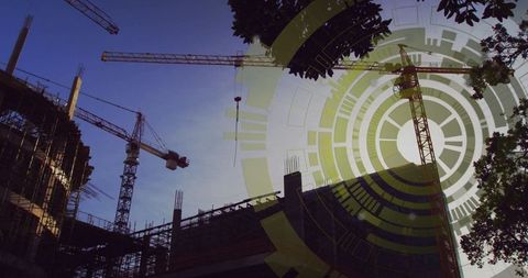 Futuristic construction site with scanning interface overlay