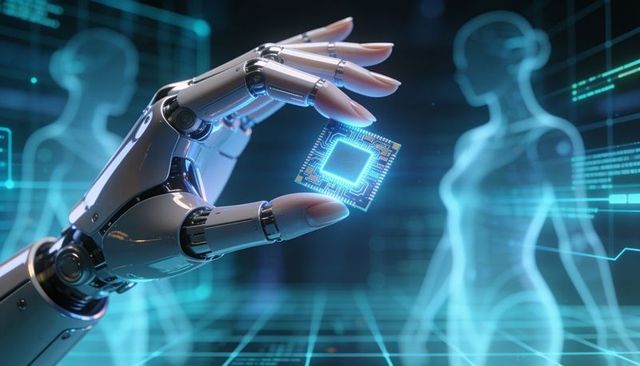 Holding robotic hand gripping glowing microchip with holographic forms and futuristic hud