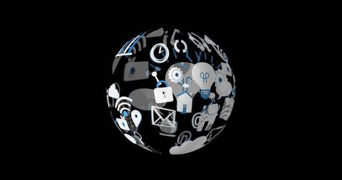 Rotating sphere of digital network and technology icons