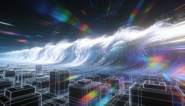 Surging luminous energy wave sweeping over wireframe cityscape with prism flares